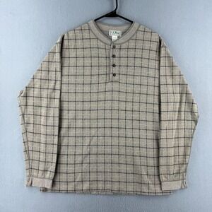 Vintage LL Bean Shirt Mens Large Beige Plaid Henley Thermal 90s Made in USA